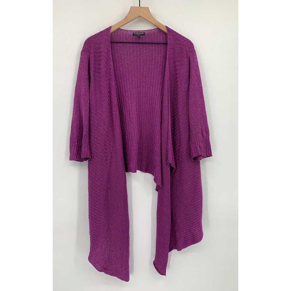 Eileen Fisher Sweater Womens 2X Purple Linen Silk Open Front Draped Long